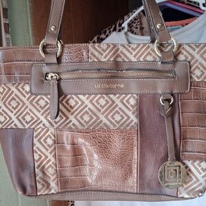 Liz Claiborne Brown Patchwork Tote Bag Faux Croc & Snake Print Purse